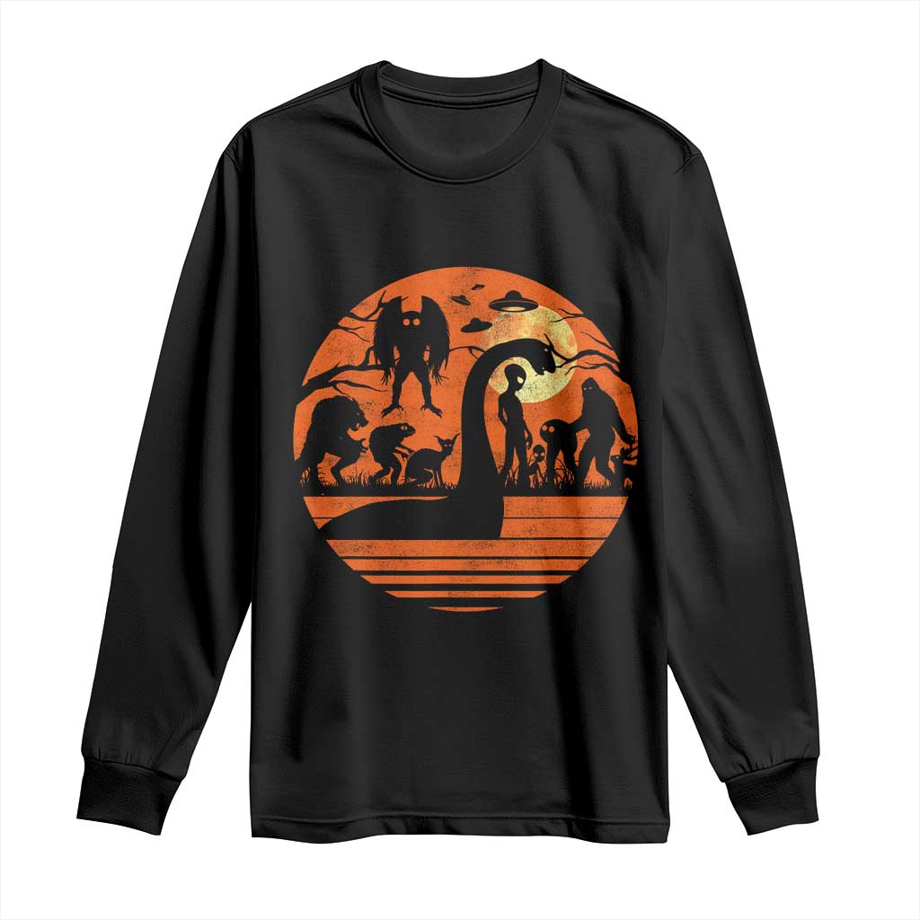 Cryptid Monsters Long Sleeve Shirt Bigfoot Loch Ness Monster Mothman Aliens Weirdcore Folk Horror TS10 Black Print Your Wear