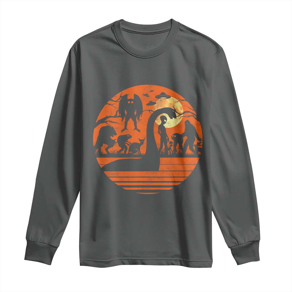 Cryptid Monsters Long Sleeve Shirt Bigfoot Loch Ness Monster Mothman Aliens Weirdcore Folk Horror TS10 Dark Heather Print Your Wear