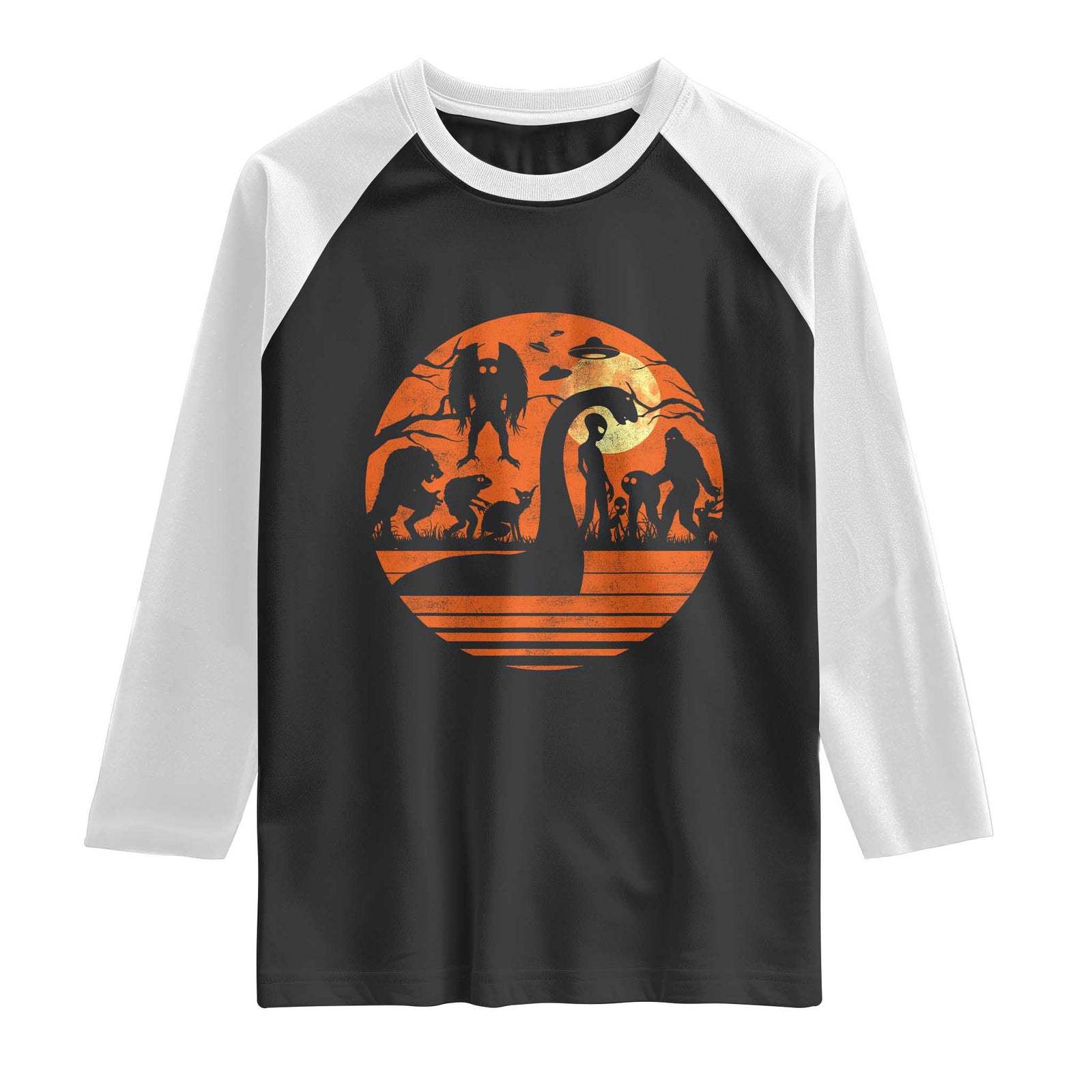 Cryptid Monsters Raglan Shirt Bigfoot Loch Ness Monster Mothman Aliens Weirdcore Folk Horror TS10 Black White Print Your Wear