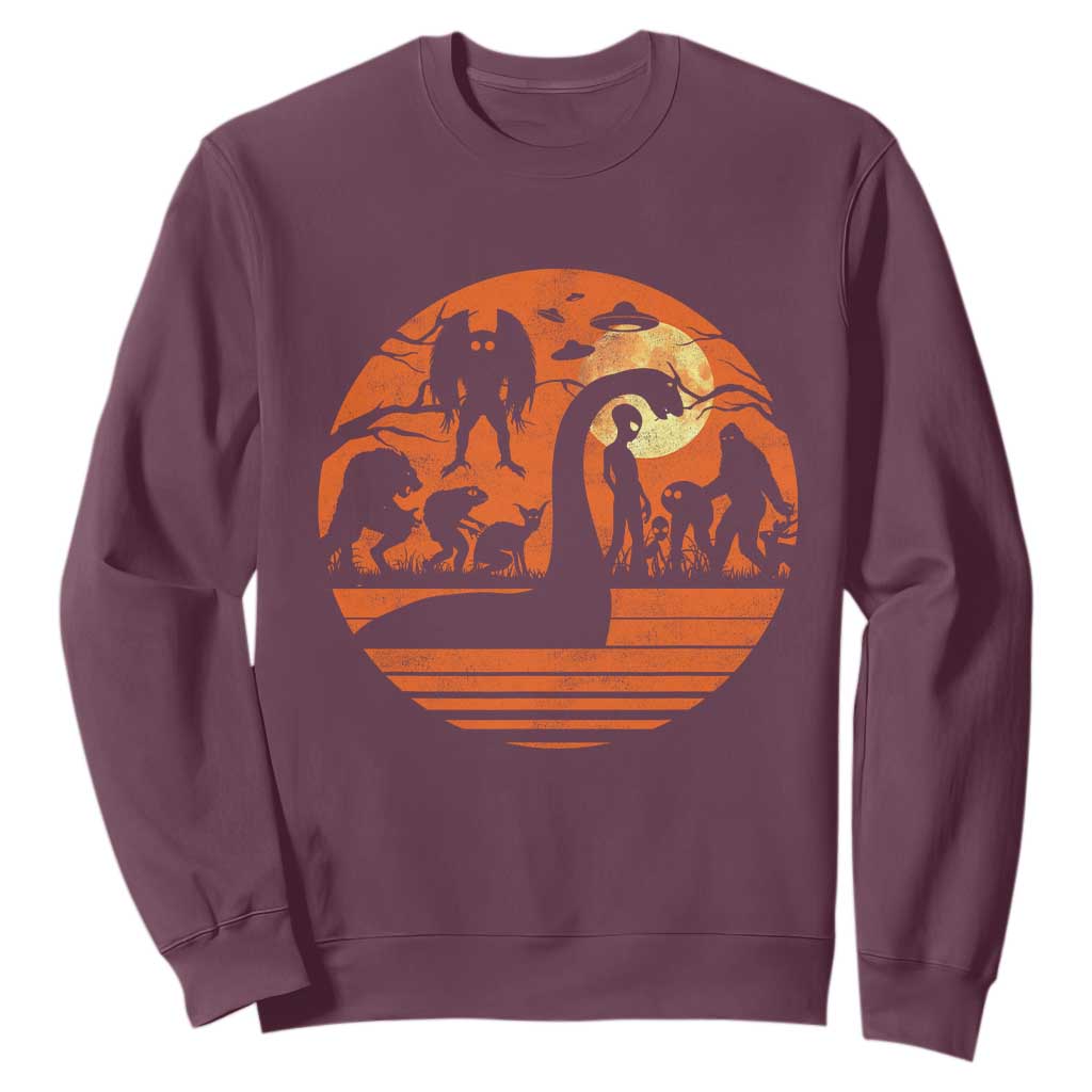 Cryptid Monsters Sweatshirt Bigfoot Loch Ness Monster Mothman Aliens Weirdcore Folk Horror TS10 Maroon Print Your Wear