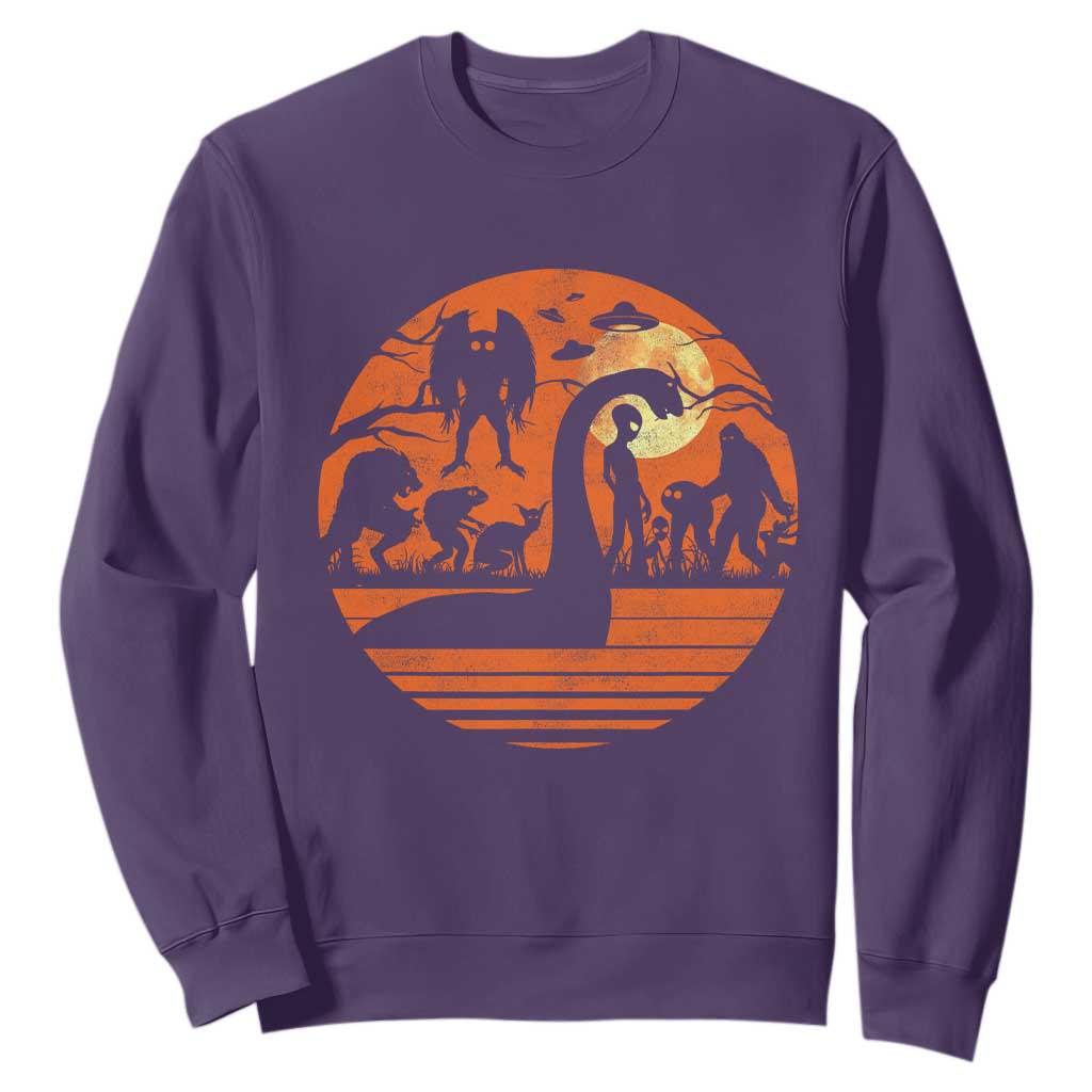 Cryptid Monsters Sweatshirt Bigfoot Loch Ness Monster Mothman Aliens Weirdcore Folk Horror TS10 Purple Print Your Wear