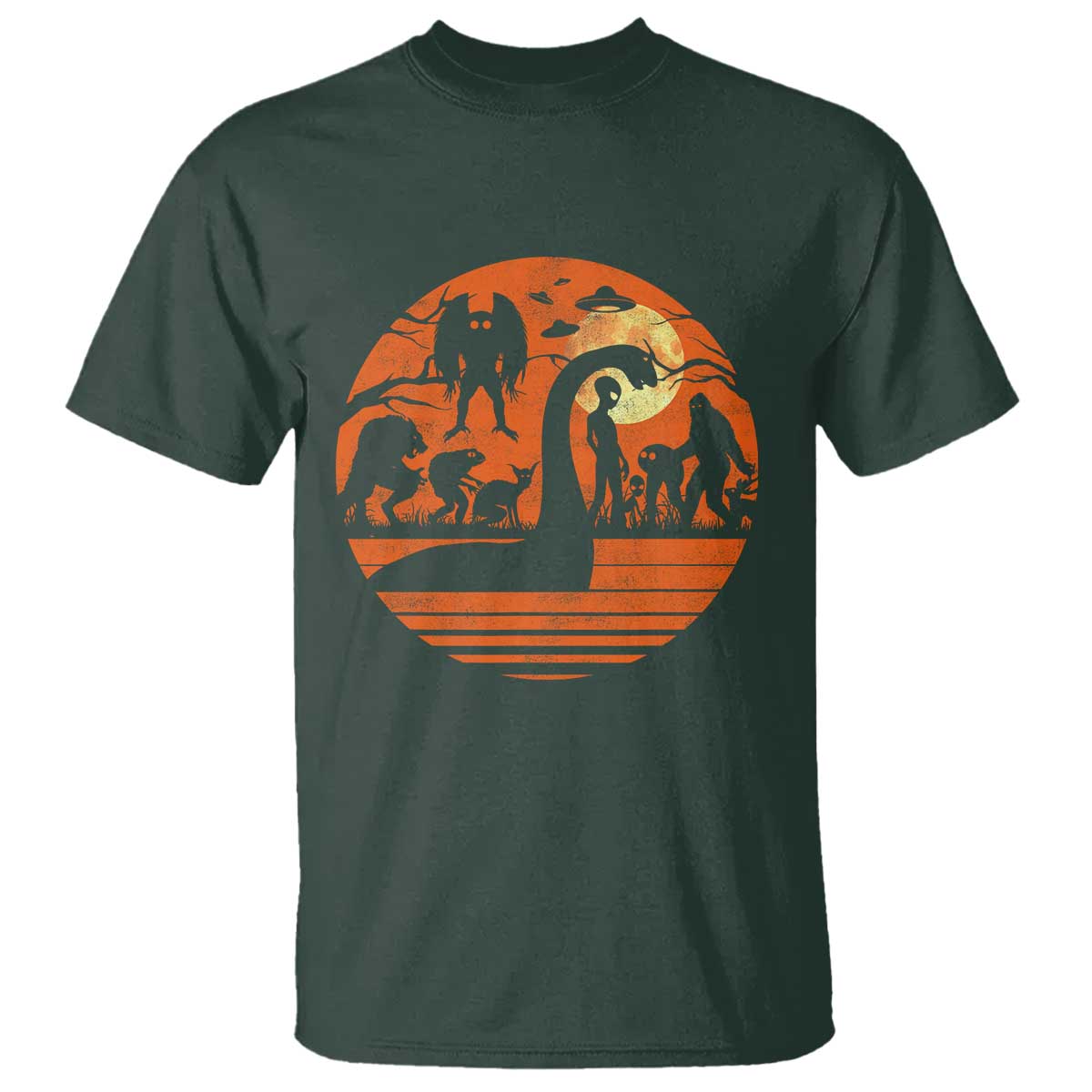 Cryptid Monsters T Shirt Bigfoot Loch Ness Monster Mothman Aliens Weirdcore Folk Horror TS10 Dark Forest Green Print Your Wear