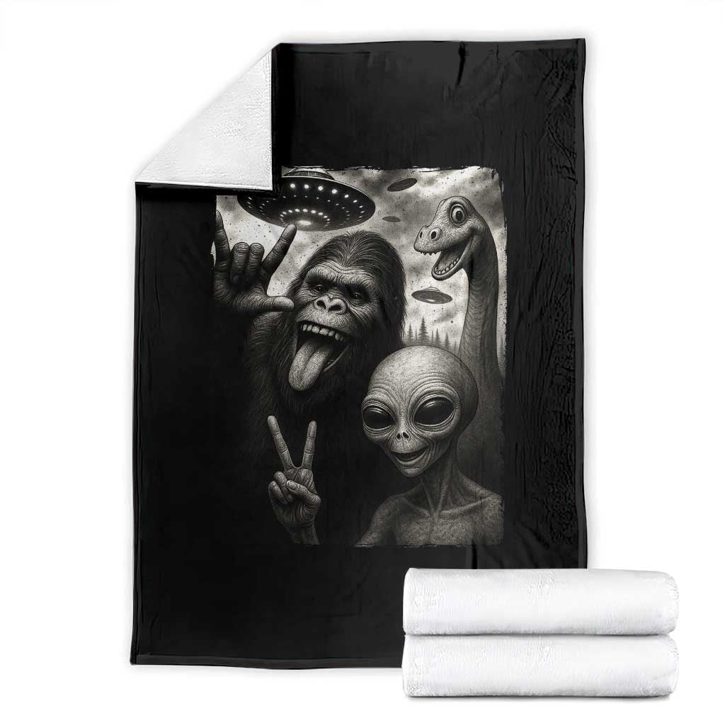 Bigfoot Alien Loch Ness Monster Throw Blanket Funny Cryptid UFO Selfie Sasquatch Rock On TS10 Black Print Your Wear