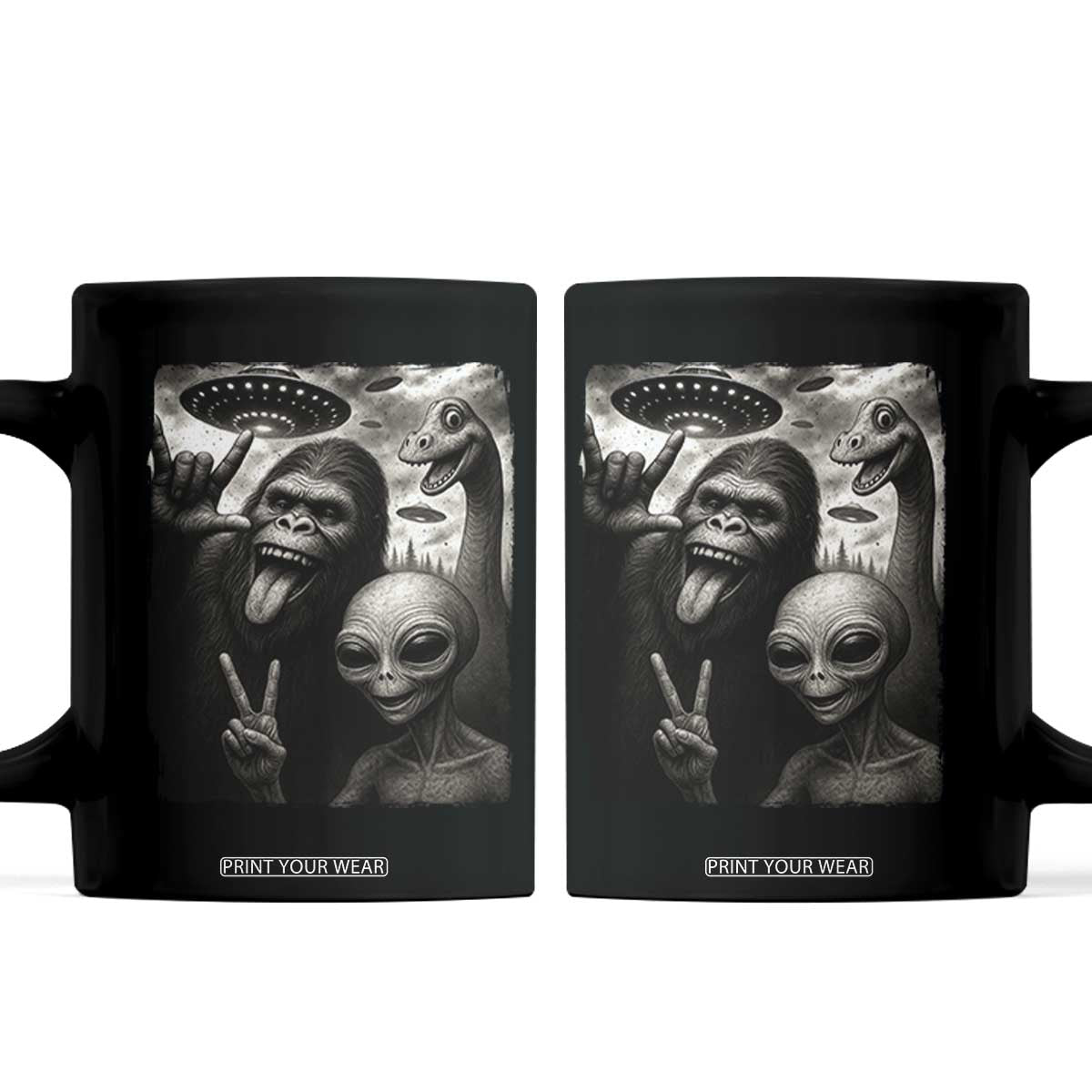 Bigfoot Alien Loch Ness Monster Coffee Mug Funny Cryptid UFO Selfie Sasquatch Rock On TS10 Black Print Your Wear