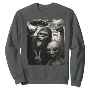 Bigfoot Alien Loch Ness Monster Sweatshirt Funny Cryptid UFO Selfie Sasquatch Rock On TS10 Dark Heather Print Your Wear