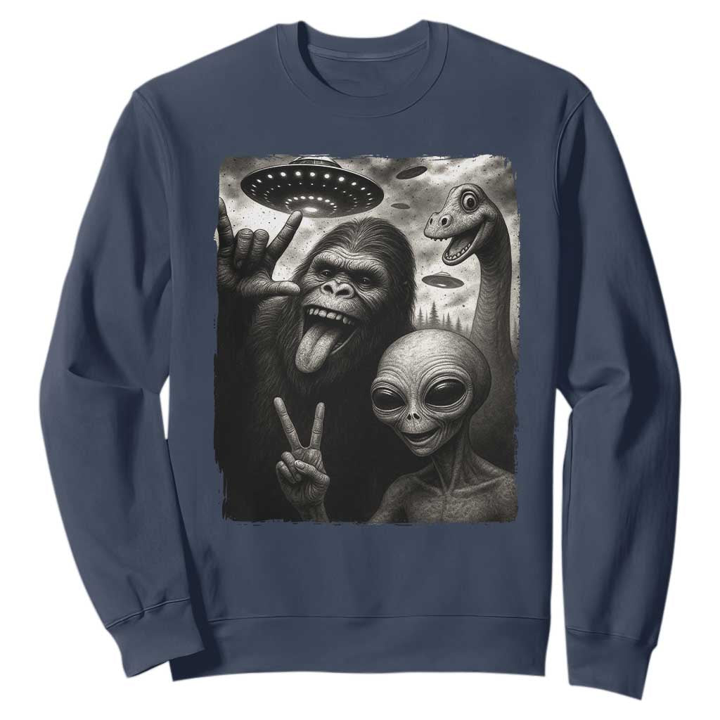 Bigfoot Alien Loch Ness Monster Sweatshirt Funny Cryptid UFO Selfie Sasquatch Rock On TS10 Navy Print Your Wear