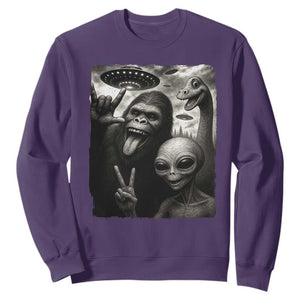 Bigfoot Alien Loch Ness Monster Sweatshirt Funny Cryptid UFO Selfie Sasquatch Rock On TS10 Purple Print Your Wear