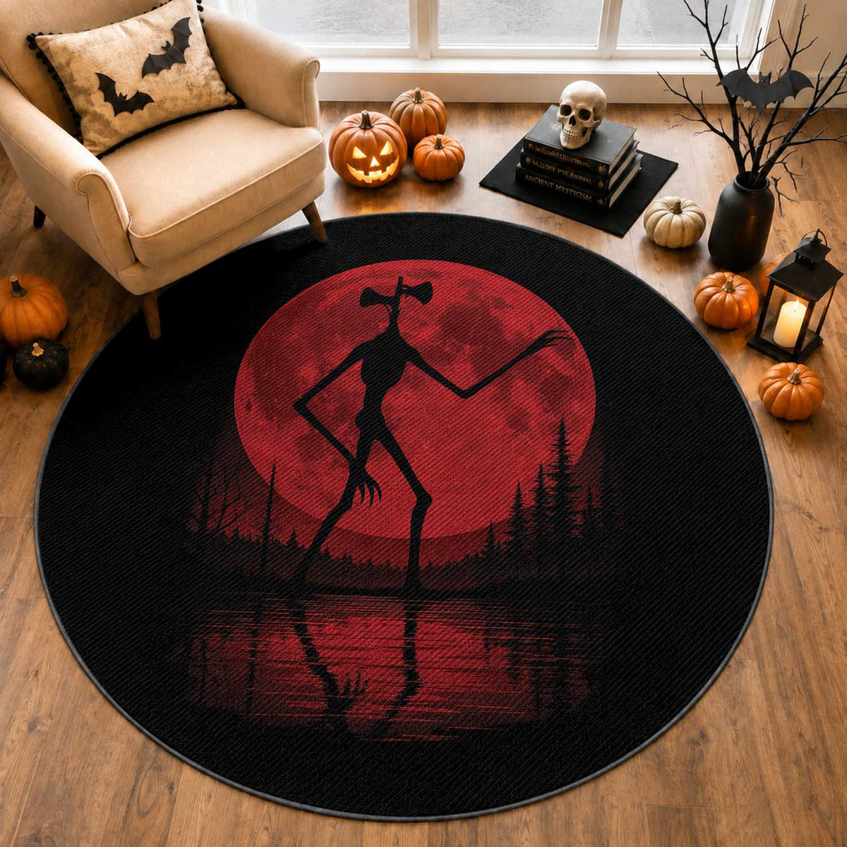 Siren Head Round Rug Supernatural American Cryptid Full Blood Moon Halloween