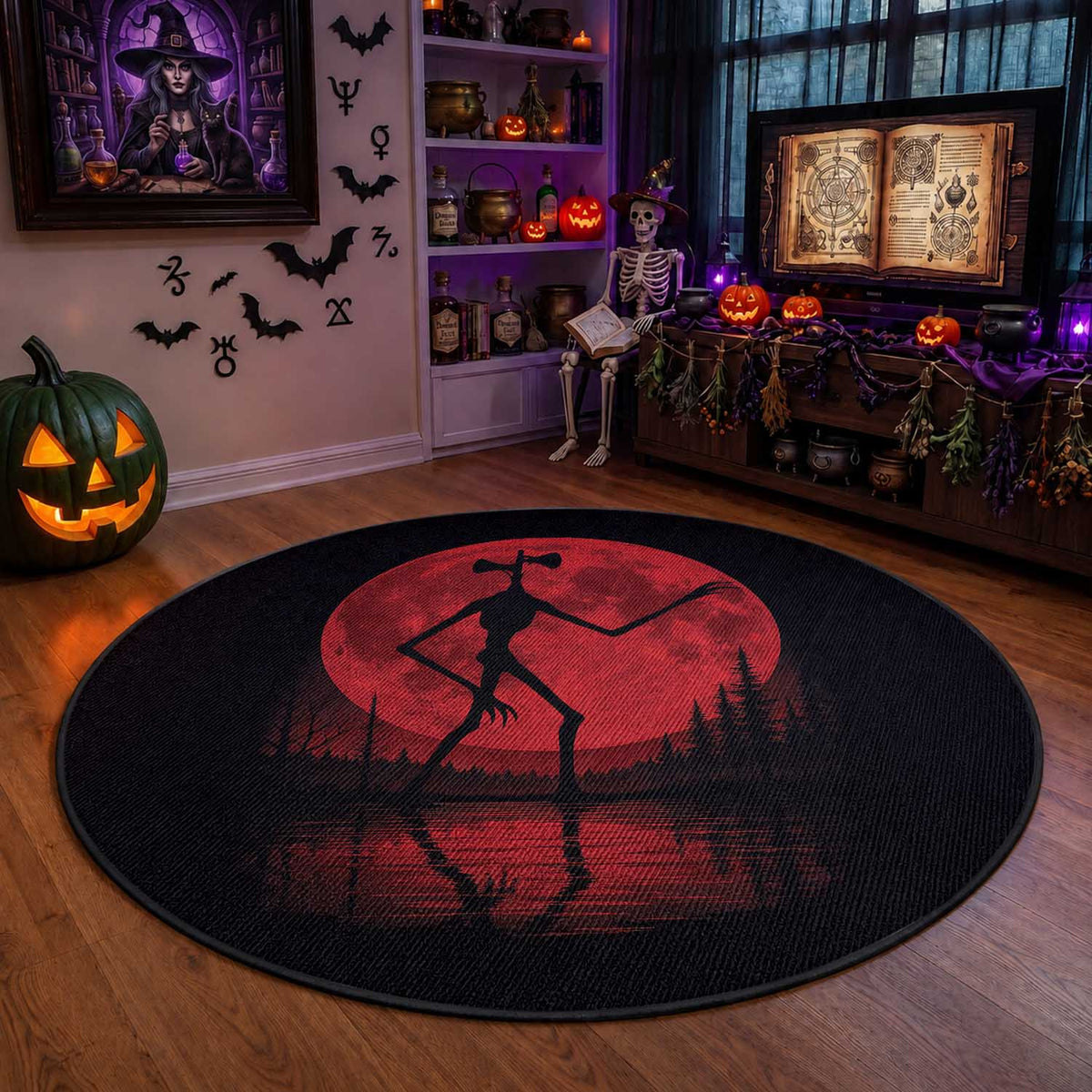 Siren Head Round Rug Supernatural American Cryptid Full Blood Moon Halloween