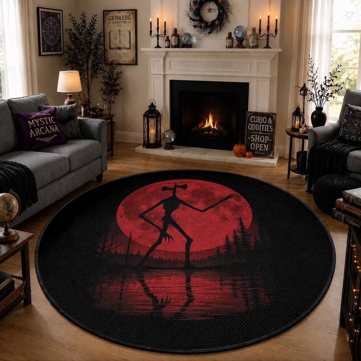Siren Head Round Rug Supernatural American Cryptid Full Blood Moon Halloween