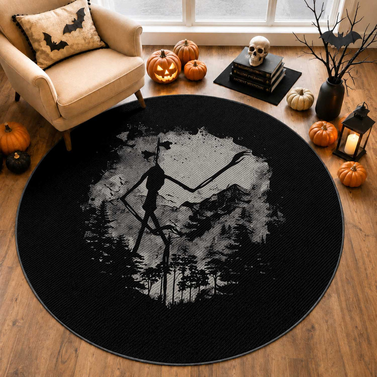 Siren Head Round Rug Retro Vintage American Cryptid Mountain Trees