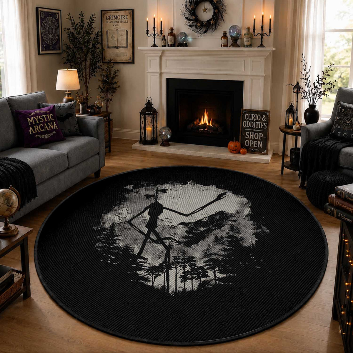 Siren Head Round Rug Retro Vintage American Cryptid Mountain Trees