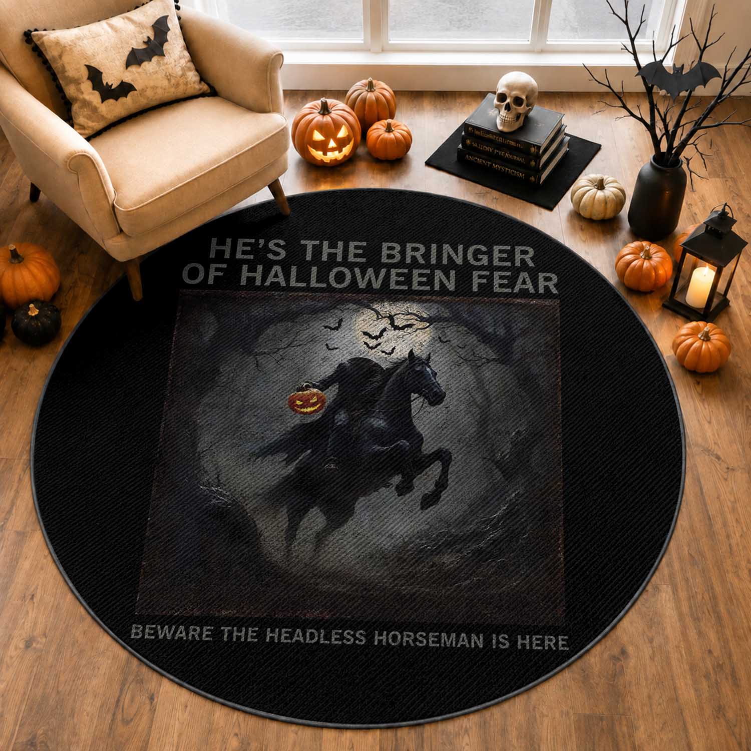 Headless Horseman Round Rug Vintage Gothic Scary Costume Halloween October Festive