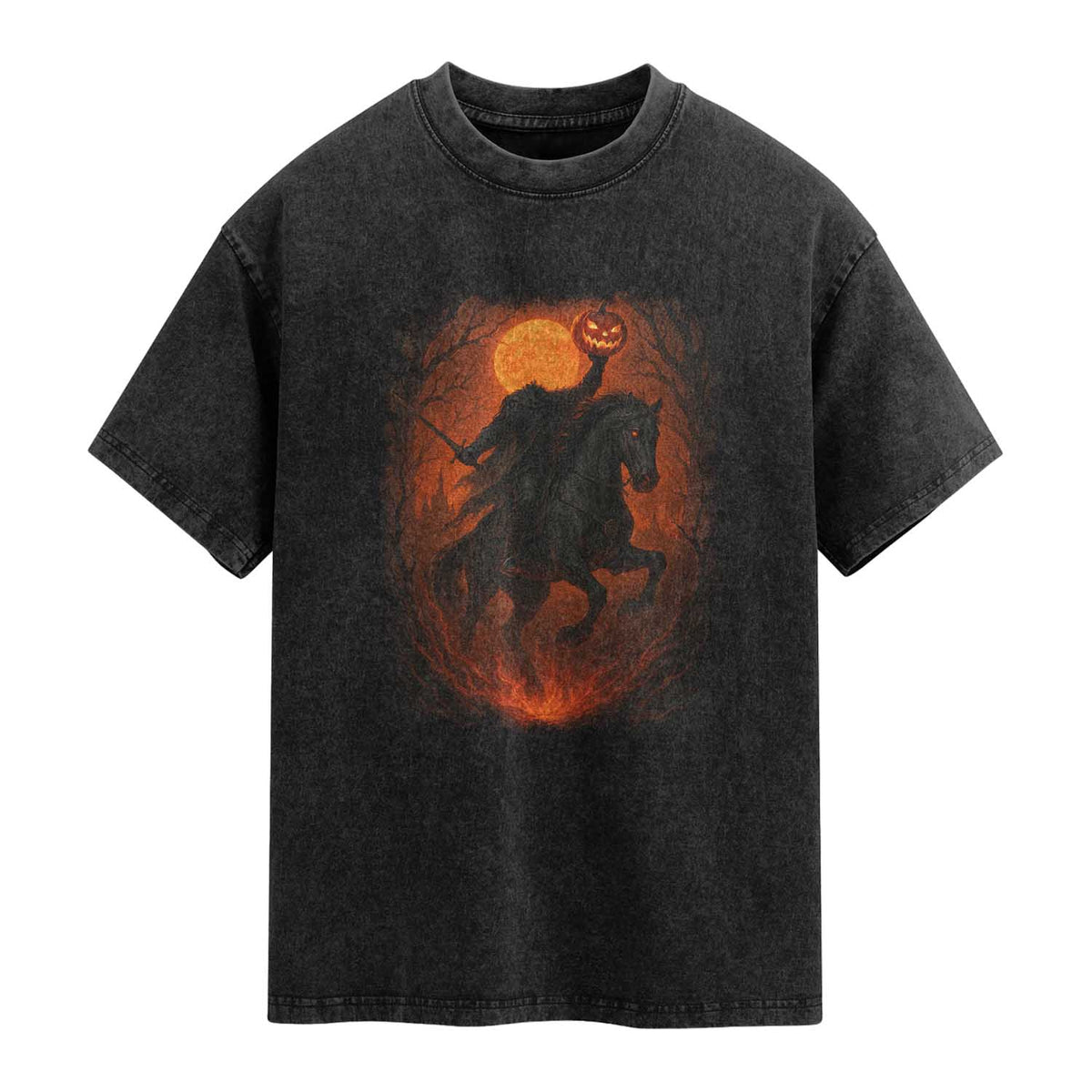 Scary Pumpkin Headless Horseman Halloween Washed Cotton T-Shirt TS10 Black Print Your Wear