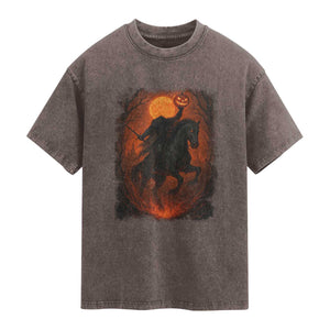 Scary Pumpkin Headless Horseman Halloween Washed Cotton T-Shirt TS10 Brown Print Your Wear
