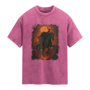 Scary Pumpkin Headless Horseman Halloween Washed Cotton T-Shirt TS10 Magenta Print Your Wear