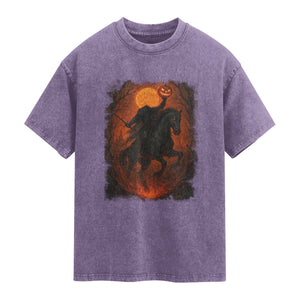 Scary Pumpkin Headless Horseman Halloween Washed Cotton T-Shirt TS10 Purple Print Your Wear