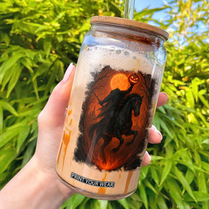 Scary Pumpkin Headless Horseman Halloween Glass Can TS10 Black Print Your Wear