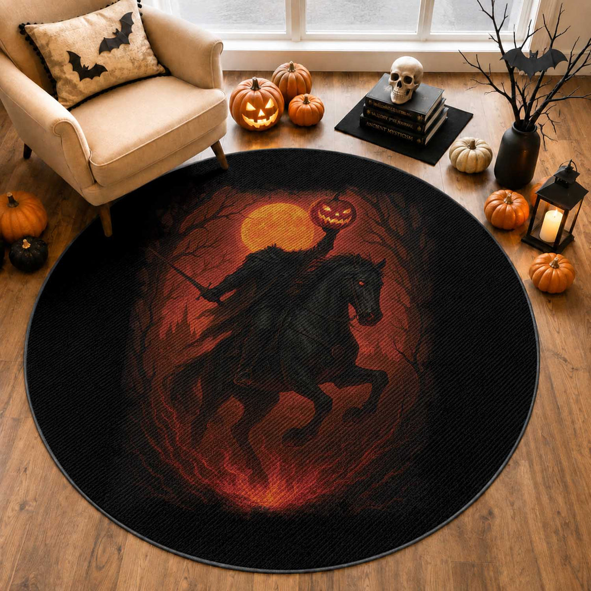Scary Pumpkin Headless Horseman Halloween Round Rug