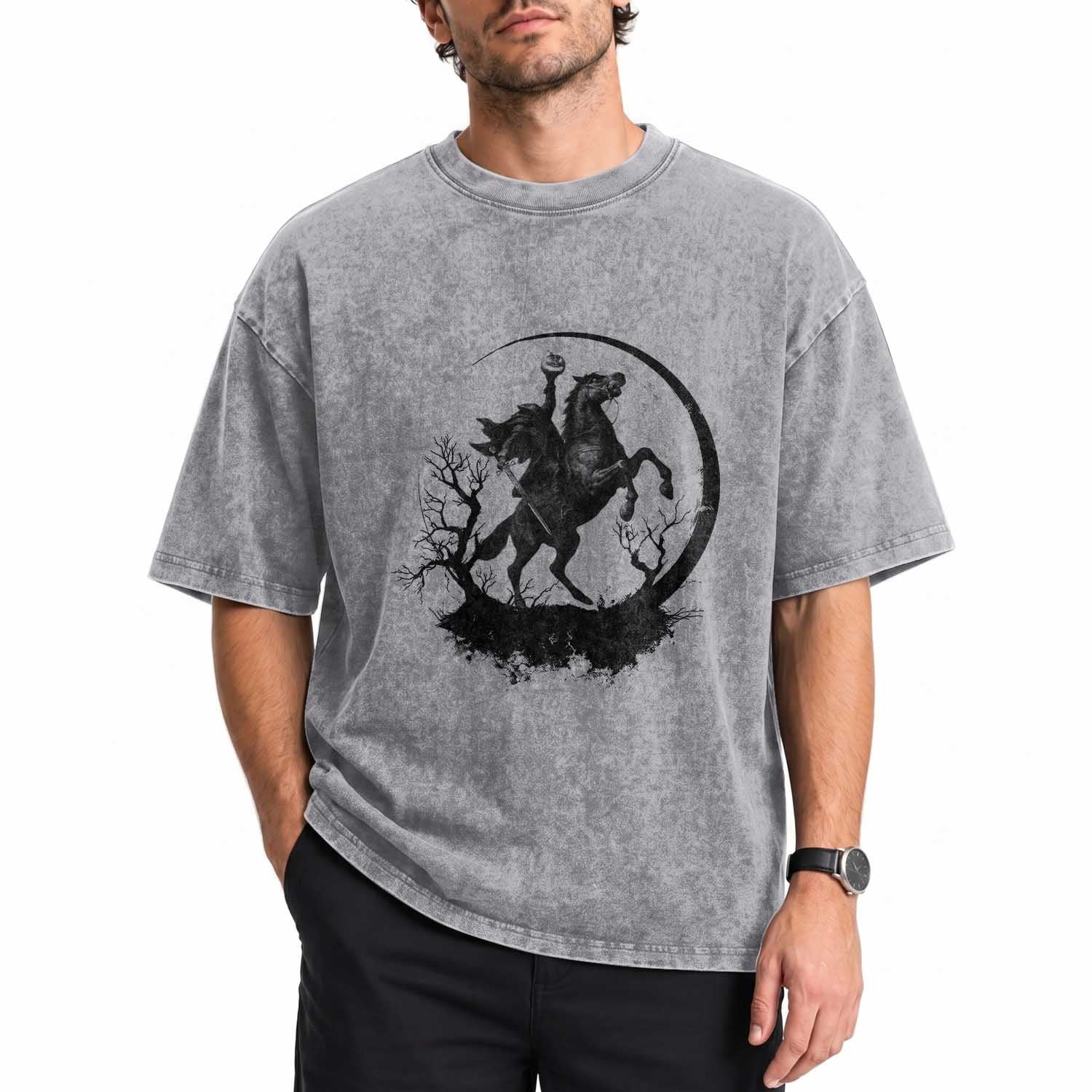Headless Horseman Washed Cotton T-Shirt Retro Gothic Scary Pumpkin Moon Halloween Costume TS10 Print Your Wear