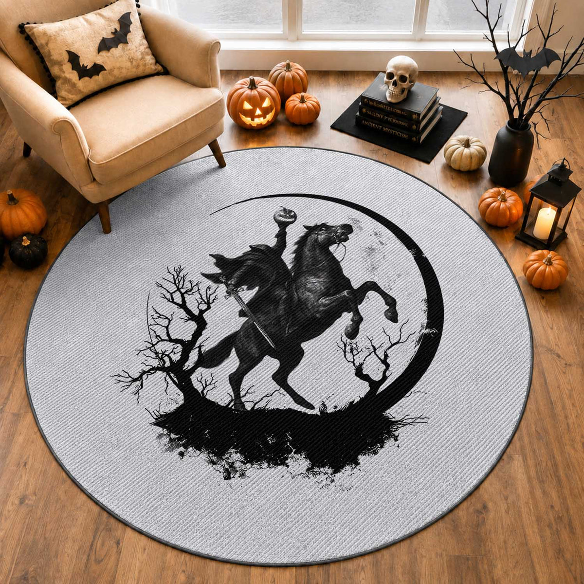 Headless Horseman Round Rug Retro Gothic Scary Pumpkin Moon Halloween Costume
