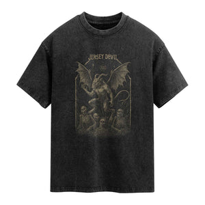 Jersey Devil Washed Cotton T-Shirt Vintage Weird Creepy Creature Leeds Devil TS10 Black Print Your Wear