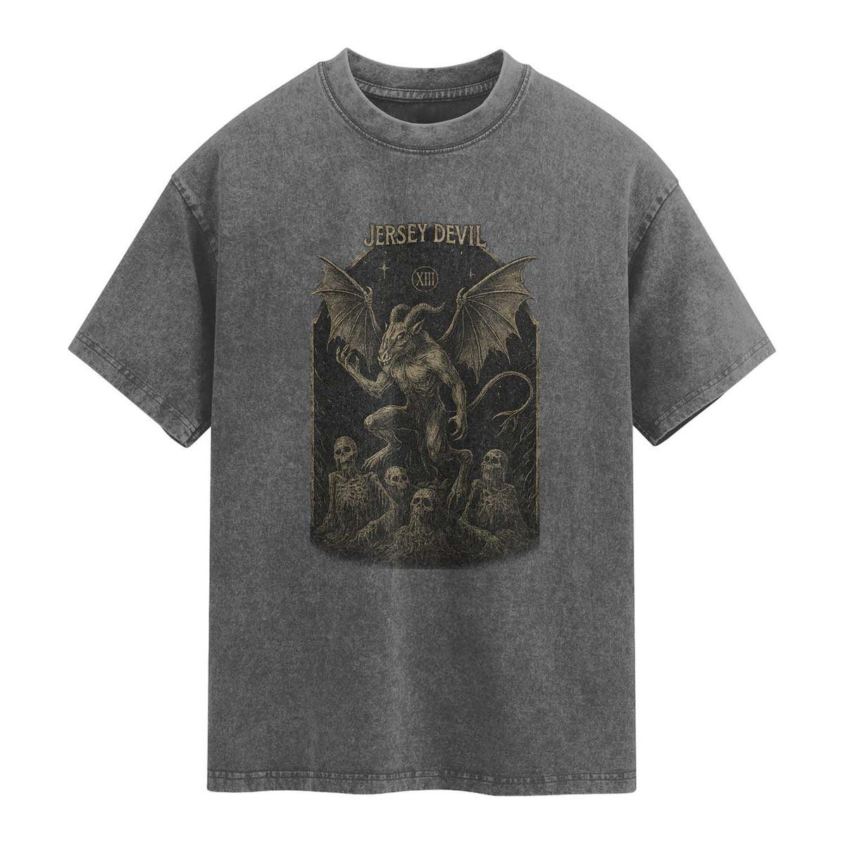 Jersey Devil Washed Cotton T-Shirt Vintage Weird Creepy Creature Leeds Devil TS10 Charcoal Print Your Wear