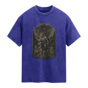 Jersey Devil Washed Cotton T-Shirt Vintage Weird Creepy Creature Leeds Devil TS10 Indigo Blue Print Your Wear