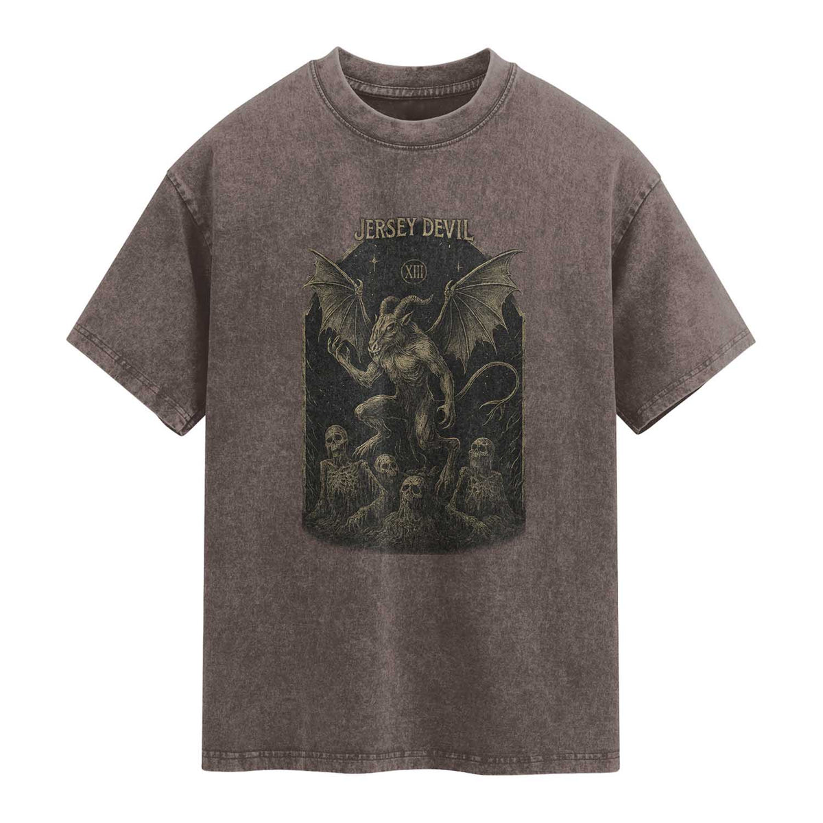 Jersey Devil Washed Cotton T-Shirt Vintage Weird Creepy Creature Leeds Devil TS10 Brown Print Your Wear