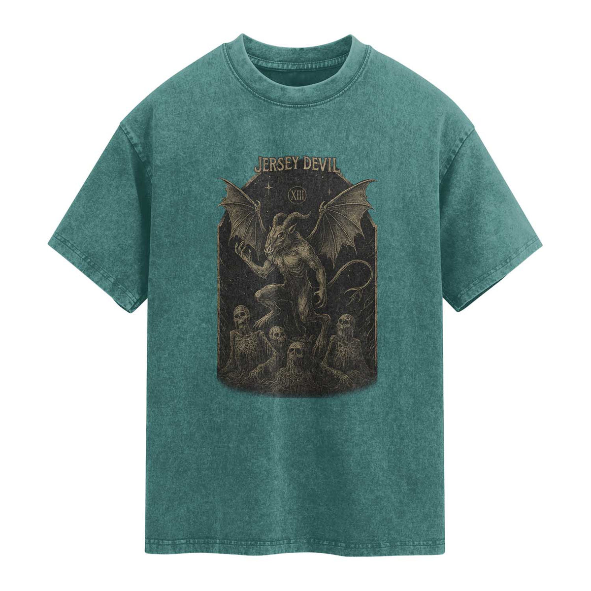 Jersey Devil Washed Cotton T-Shirt Vintage Weird Creepy Creature Leeds Devil TS10 Teal Green Print Your Wear