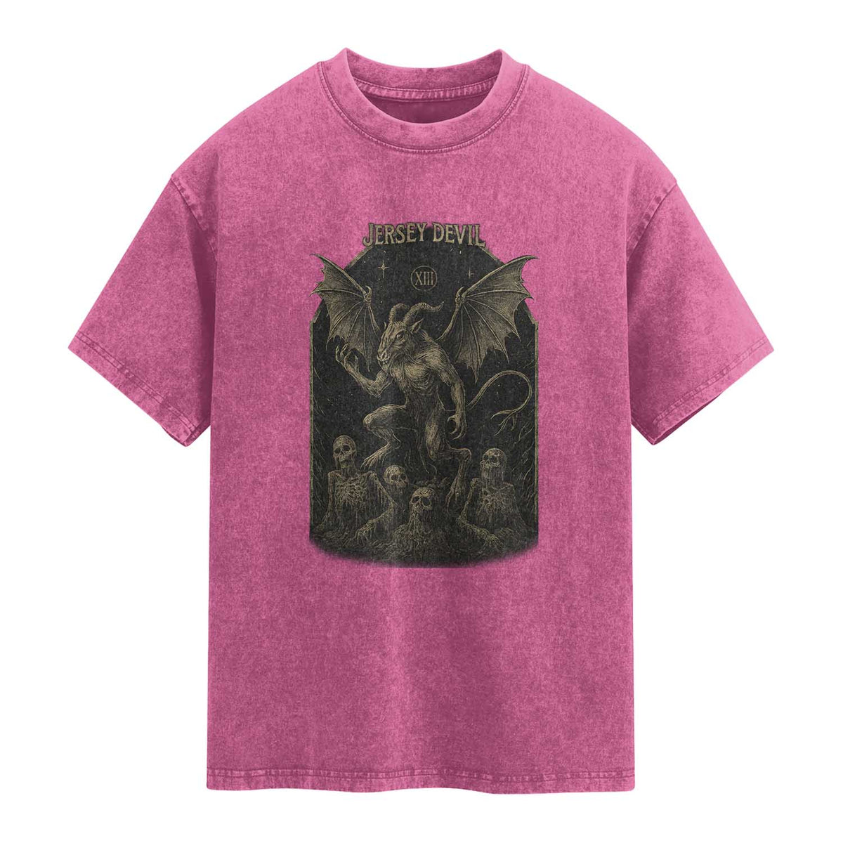 Jersey Devil Washed Cotton T-Shirt Vintage Weird Creepy Creature Leeds Devil TS10 Magenta Print Your Wear