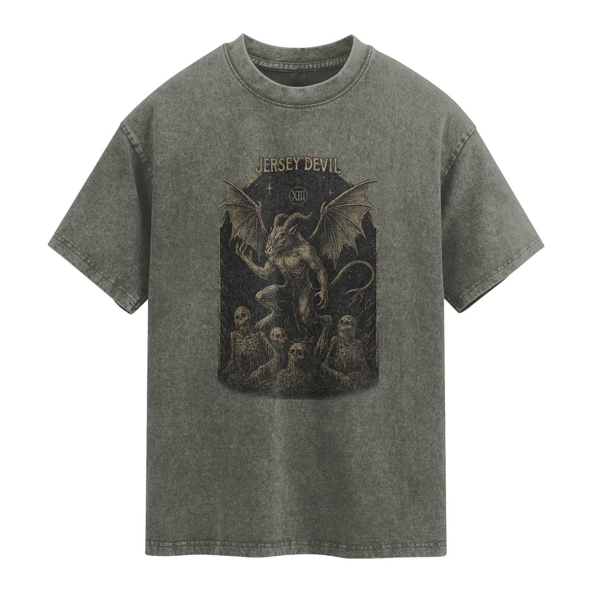 Jersey Devil Washed Cotton T-Shirt Vintage Weird Creepy Creature Leeds Devil TS10 Olive Green Print Your Wear