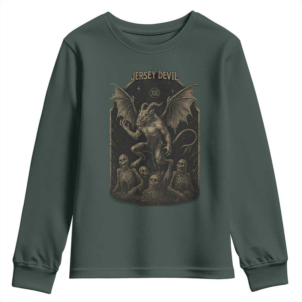 Jersey Devil Youth Sweatshirt Vintage Weird Creepy Creature Leeds Devil TS10 Dark Forest Green Print Your Wear