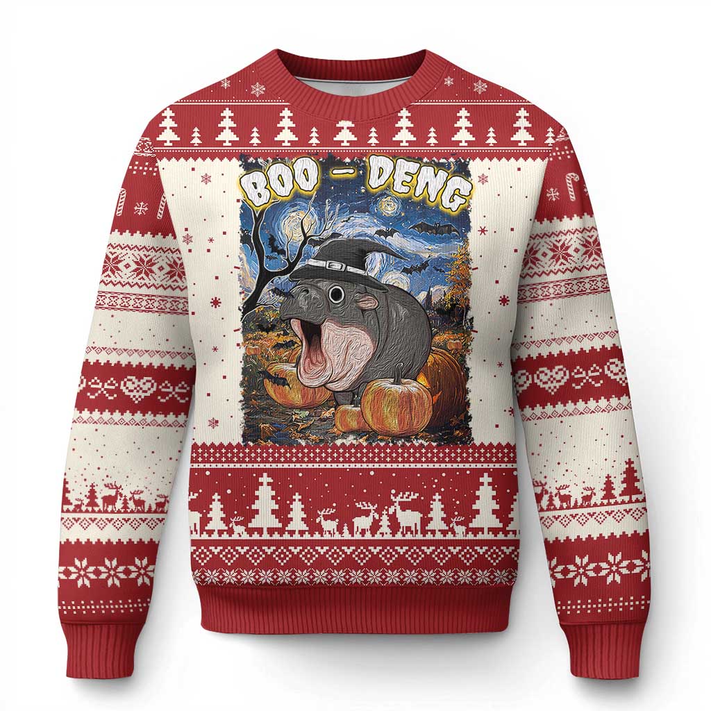 Moo Deng Baby Pygmy Hippo Van Gogh Starry Night Knit Sweatshirt Halloween Gothic Witchy Vibes Cute Zoo For Family TS10 Red Print Your Wear