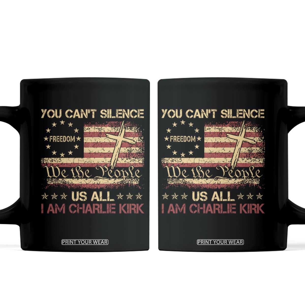 Charlie Kirk Coffee Mug You Cant Silence Us All Retro American Flag Cross TS10 Black Print Your Wear
