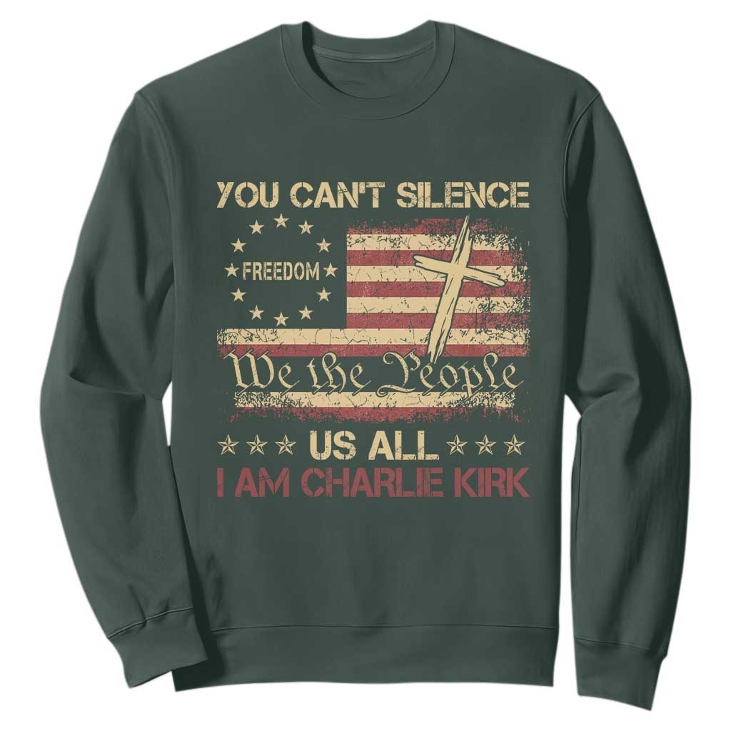 Charlie Kirk Sweatshirt You Cant Silence Us All Retro American Flag Cross TS10 Dark Forest Green Print Your Wear
