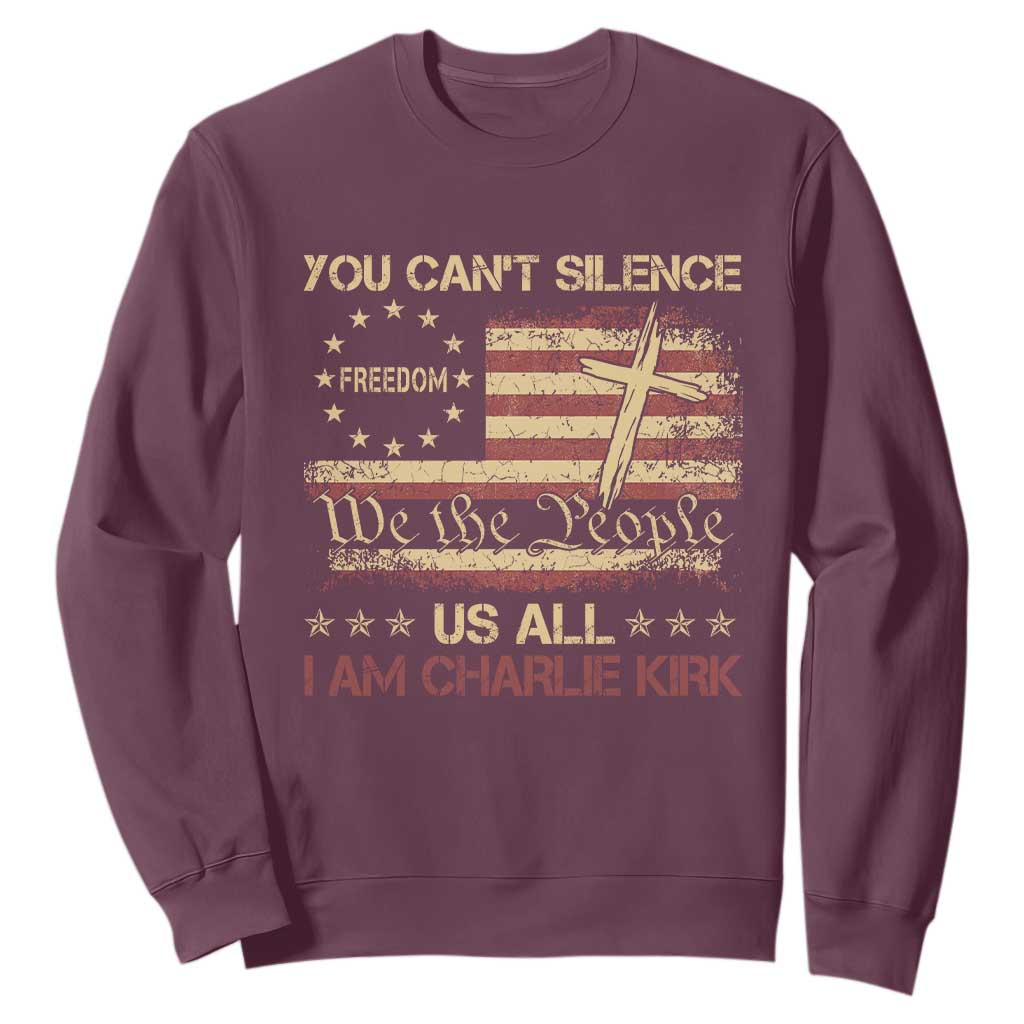 Charlie Kirk Sweatshirt You Cant Silence Us All Retro American Flag Cross TS10 Maroon Print Your Wear