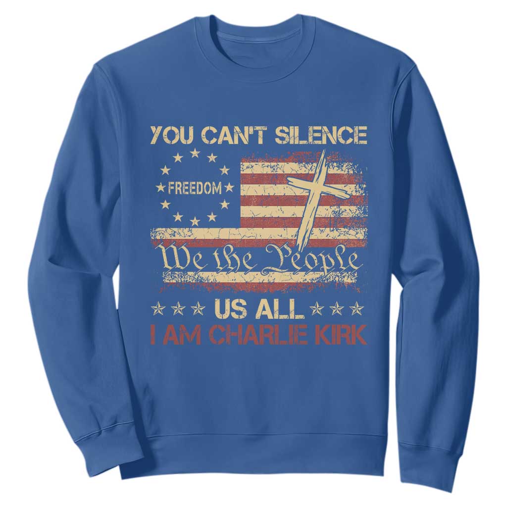 Charlie Kirk Sweatshirt You Cant Silence Us All Retro American Flag Cross TS10 Royal Blue Print Your Wear