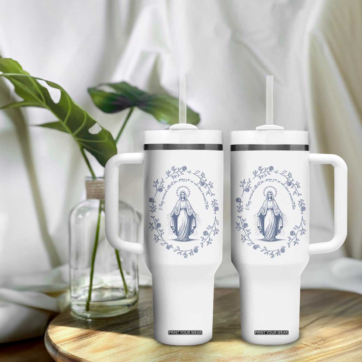 Marian Catholic Tumbler With Handle Virgin Mary Catholic Floral Women Religious TS10 Print Your Wear