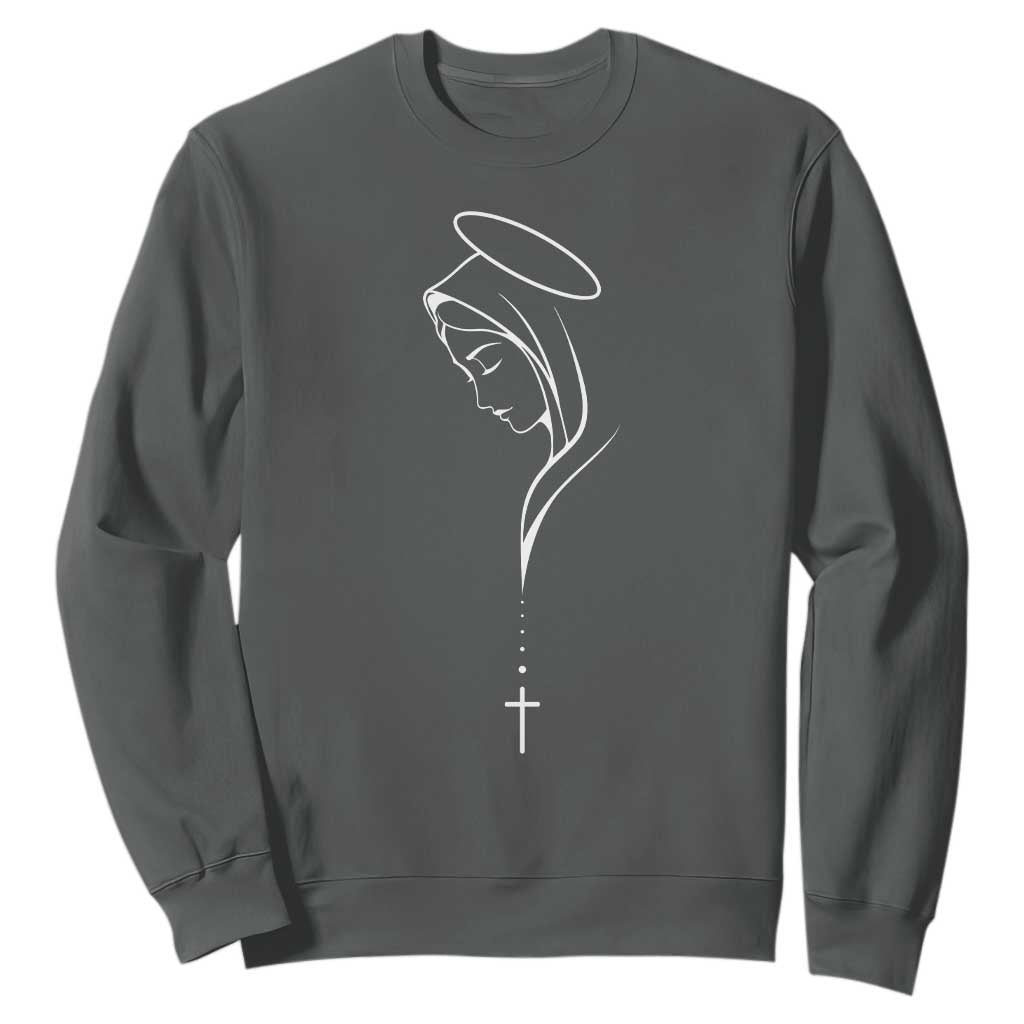 Virgin Mary Sweatshirt Minimalist Marian Catholic Holy Mother Cross TS10 Dark Heather Print Your Wear