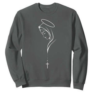 Virgin Mary Sweatshirt Minimalist Marian Catholic Holy Mother Cross TS10 Dark Heather Print Your Wear