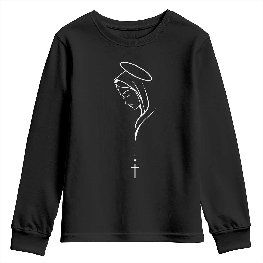 Virgin Mary Youth Sweatshirt Minimalist Marian Catholic Holy Mother Cross TS10 Black Print Your Wear
