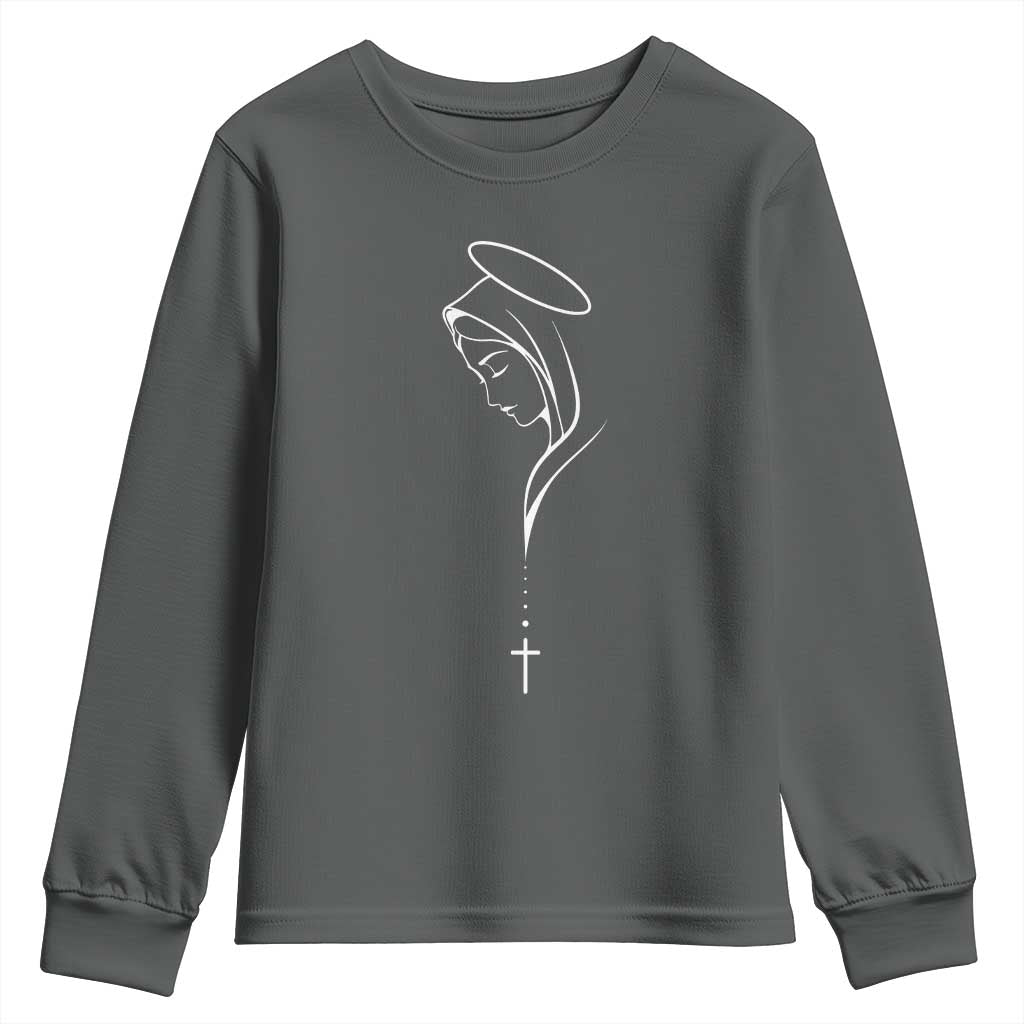 Virgin Mary Youth Sweatshirt Minimalist Marian Catholic Holy Mother Cross TS10 Dark Heather Print Your Wear
