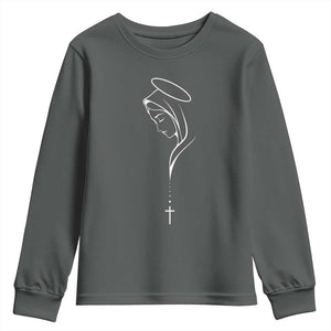 Virgin Mary Youth Sweatshirt Minimalist Marian Catholic Holy Mother Cross TS10 Dark Heather Print Your Wear