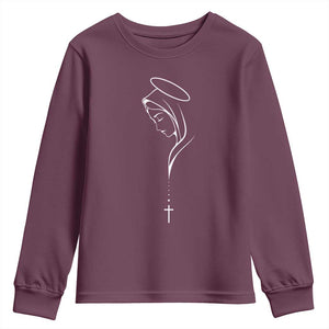 Virgin Mary Youth Sweatshirt Minimalist Marian Catholic Holy Mother Cross TS10 Maroon Print Your Wear