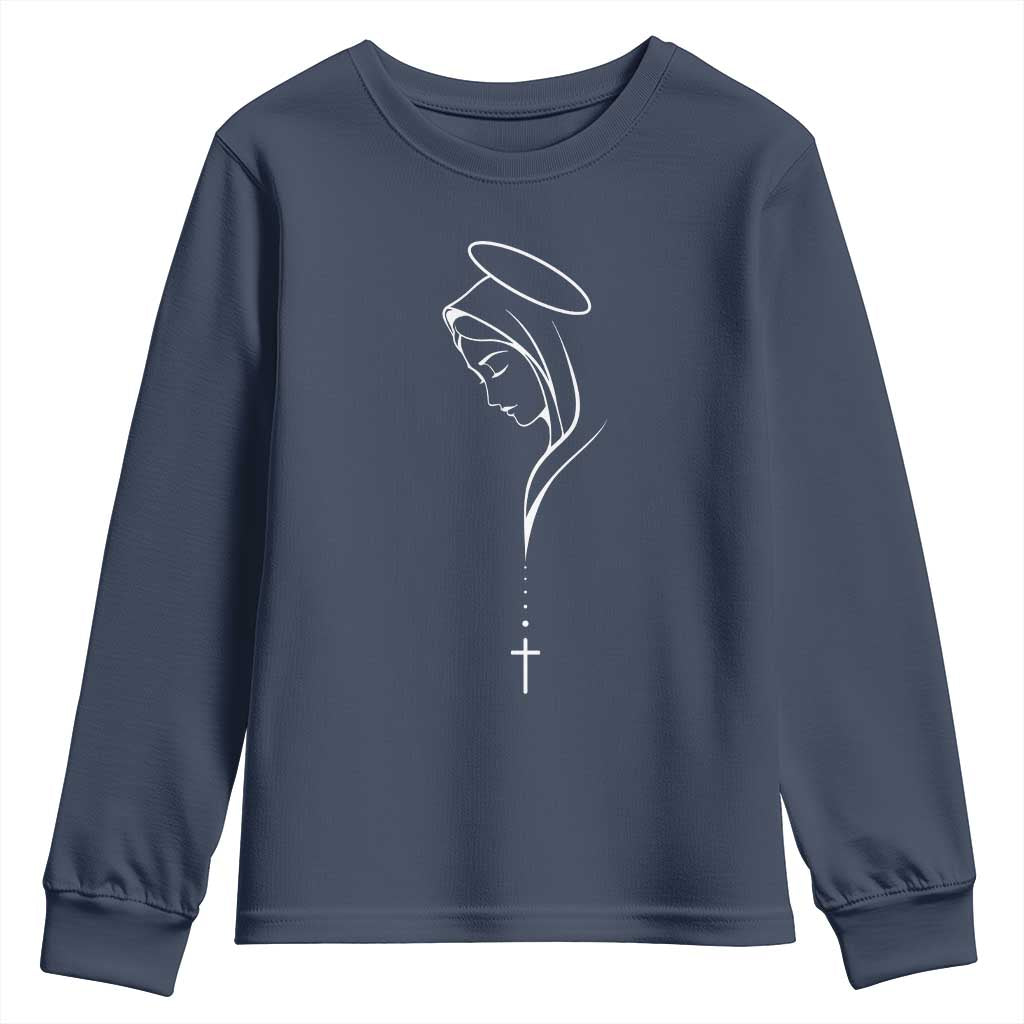 Virgin Mary Youth Sweatshirt Minimalist Marian Catholic Holy Mother Cross TS10 Navy Print Your Wear
