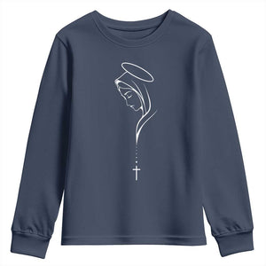 Virgin Mary Youth Sweatshirt Minimalist Marian Catholic Holy Mother Cross TS10 Navy Print Your Wear
