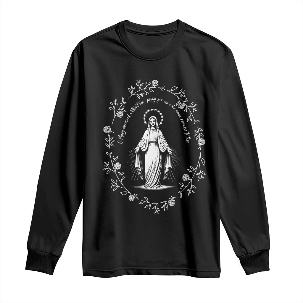 Marian Catholic Long Sleeve Shirt Virgin Mary Floral Women Religious Catholic Gift TS10 Black Print Your Wear