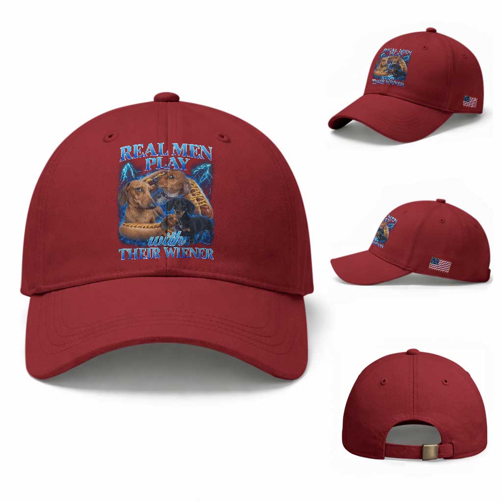 Funny Dachshund Dog Dad Baseball Cap Real Men Play With Their Wiener Funny Offensive TS10 Baseball Cap Universal Fit Cherry Red Print Your Wear