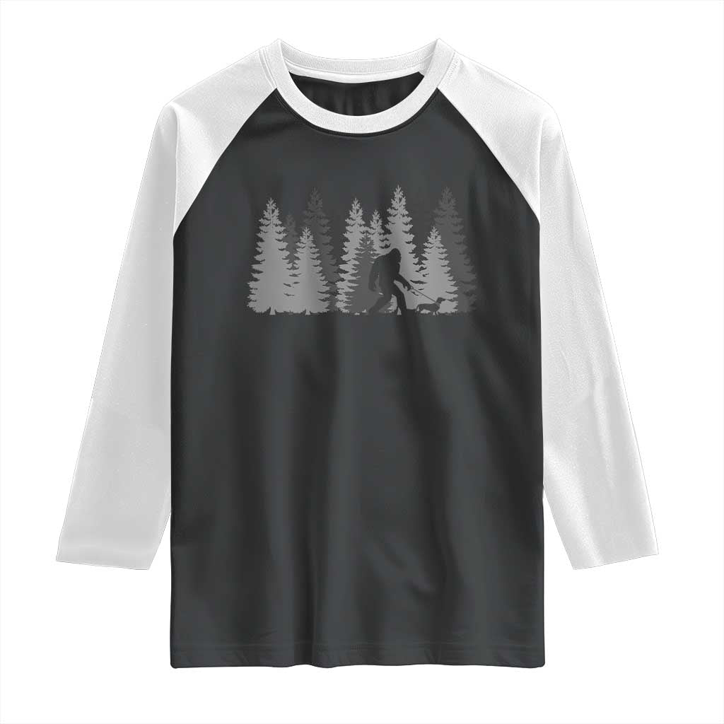 Bigfoot Walking Dachshund Raglan Shirt Funny Wiener Dog Gift Forest Sasquatch Yeti TS10 Black White Print Your Wear